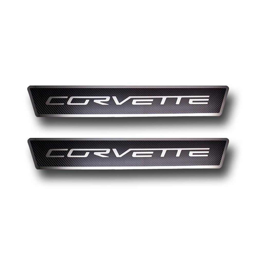 C6 Corvette Door Sill Plates Stainless Steel Corvette Script with Carbon Fiber Overlay