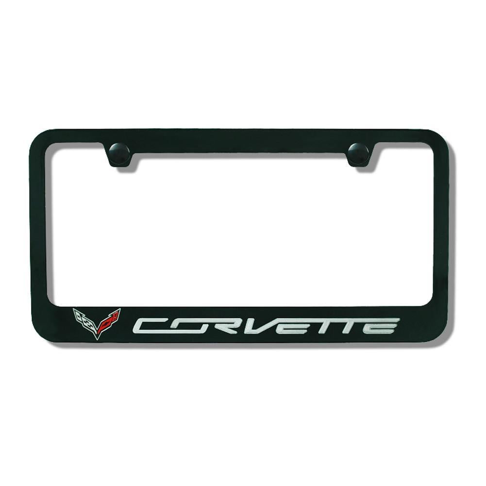 C7 Corvette Stingray Black License Plate Frame w/Crossed Flags Logo,Exterior