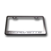 C7 Corvette Stingray License Plate Frame - Black w/Stainless Steel Overlay & Carbon Fiber "CORVETTE" Script,Exterior