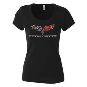thumbnail image 2 of Corvette C5 Women's Rhinestone Crossed Flags Tee - Black Scoop Neck Shirt By Mid America Motorworks 2 of 4