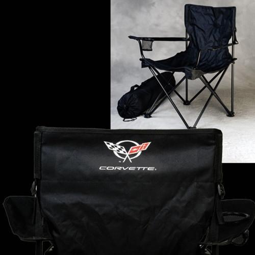 Portable Folding Chair With C6 Corvette Logo – 2005-2013 – Black Polyester With Mesh Drink Holder
