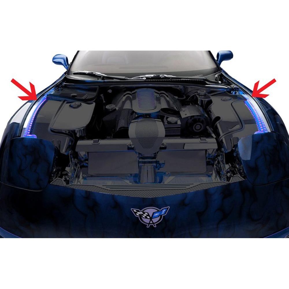 Corvette Inner Fender Liners with Top Caps 4 Pc. (Set) Illuminated - Polished Stainless Steel : 1997-2004 C5 & Z06,Engine