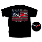 Corvette T-Shirt - "Born In The USA" w/ C6 Crossed Flags: Black,Apparel