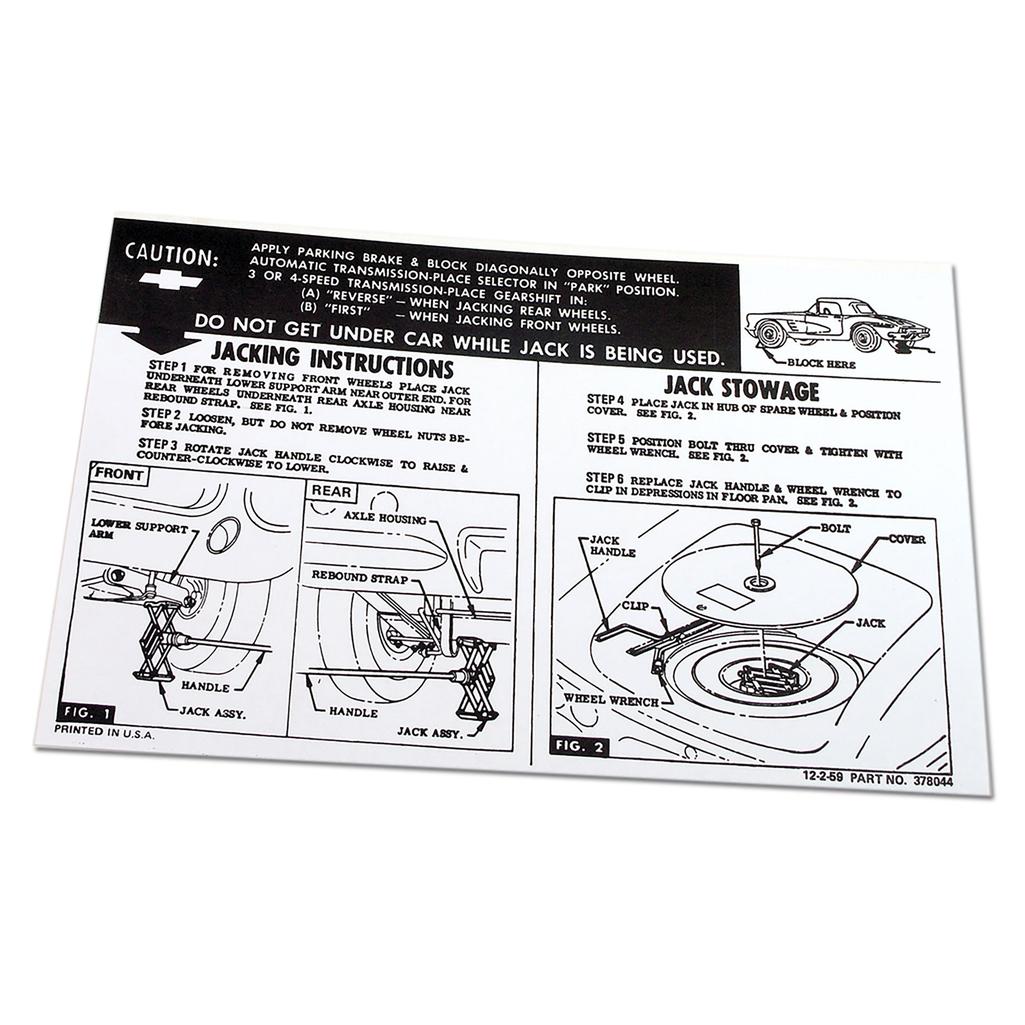1961-1962 Corvette C1 Decal, Jacking Instruction