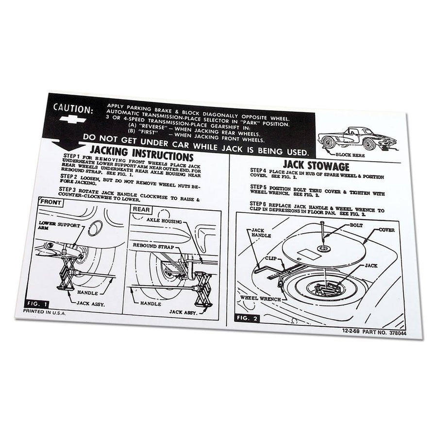 1961-1962 Corvette C1 Decal, Jacking Instruction