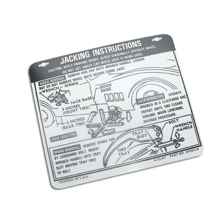 1968-1973 Corvette C3 Decal, Jacking Instruction