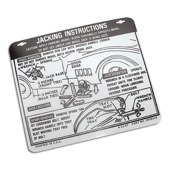 1968-1973 Corvette C3 Decal, Jacking Instruction