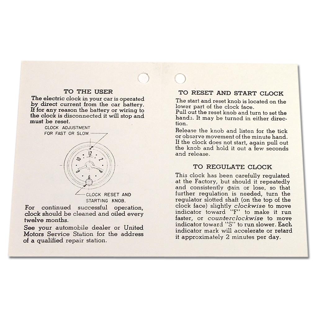 1953-1957 Corvette C1 Card, Clock Instructions