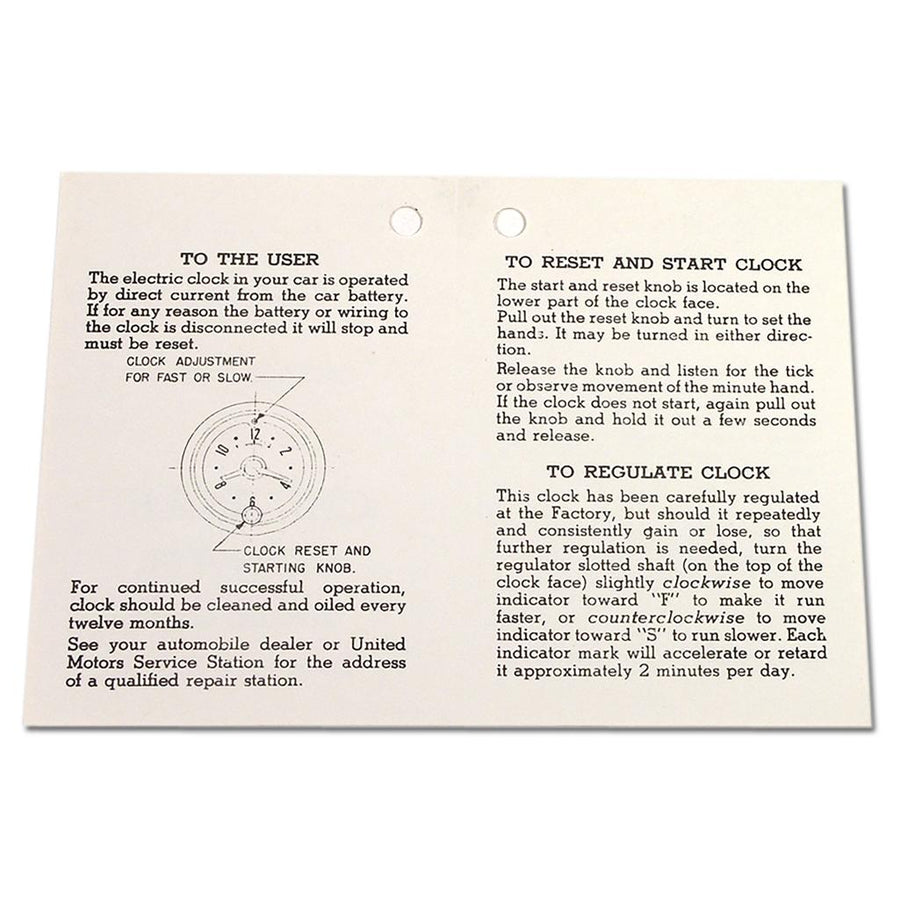 1953-1957 Corvette C1 Card, Clock Instructions
