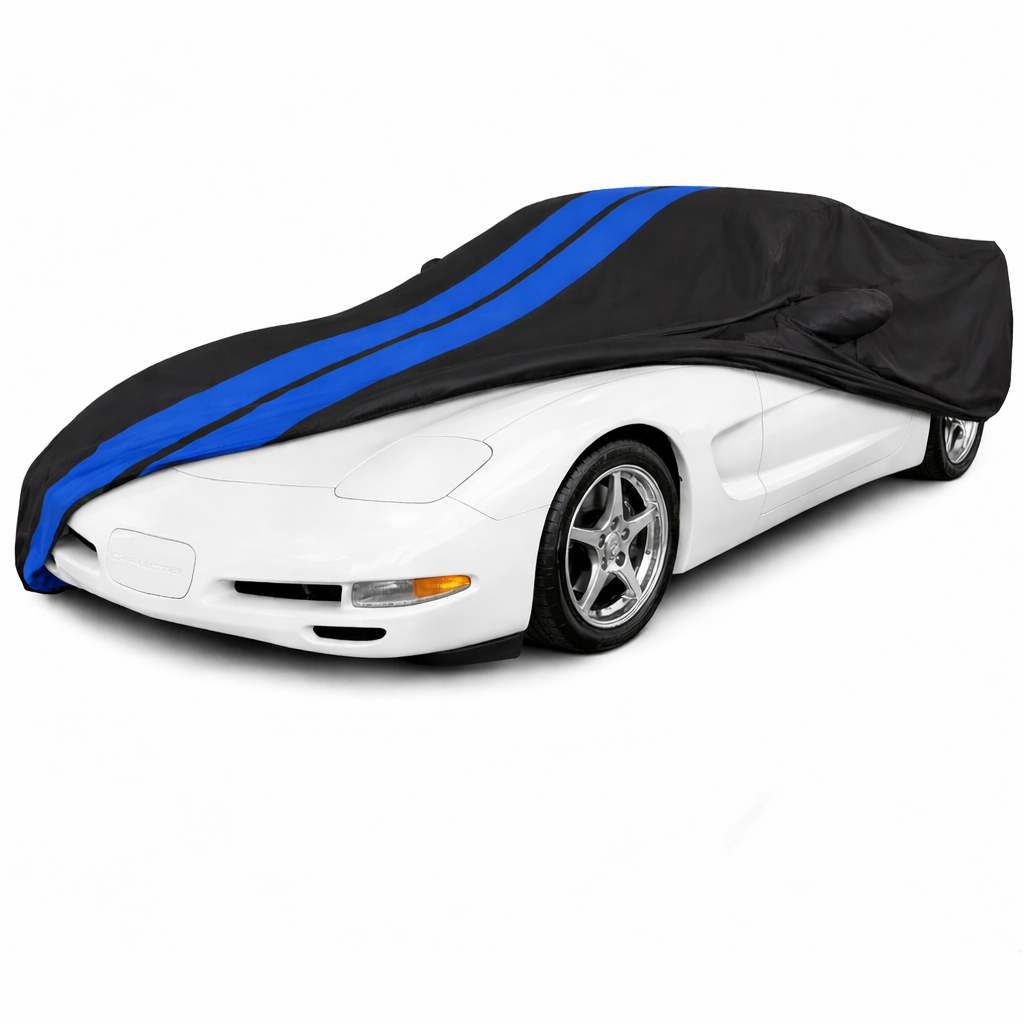 Corvette Ultraguard Plus Car Cover - Indoor/Outdoor Protection - Black W/ Blue Stripes - 1997-2004 C5, Z06