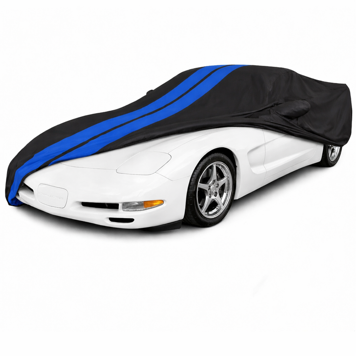 Corvette Ultraguard Plus Car Cover - Indoor/Outdoor Protection - Black W/ Blue Stripes - 1997-2004 C5, Z06