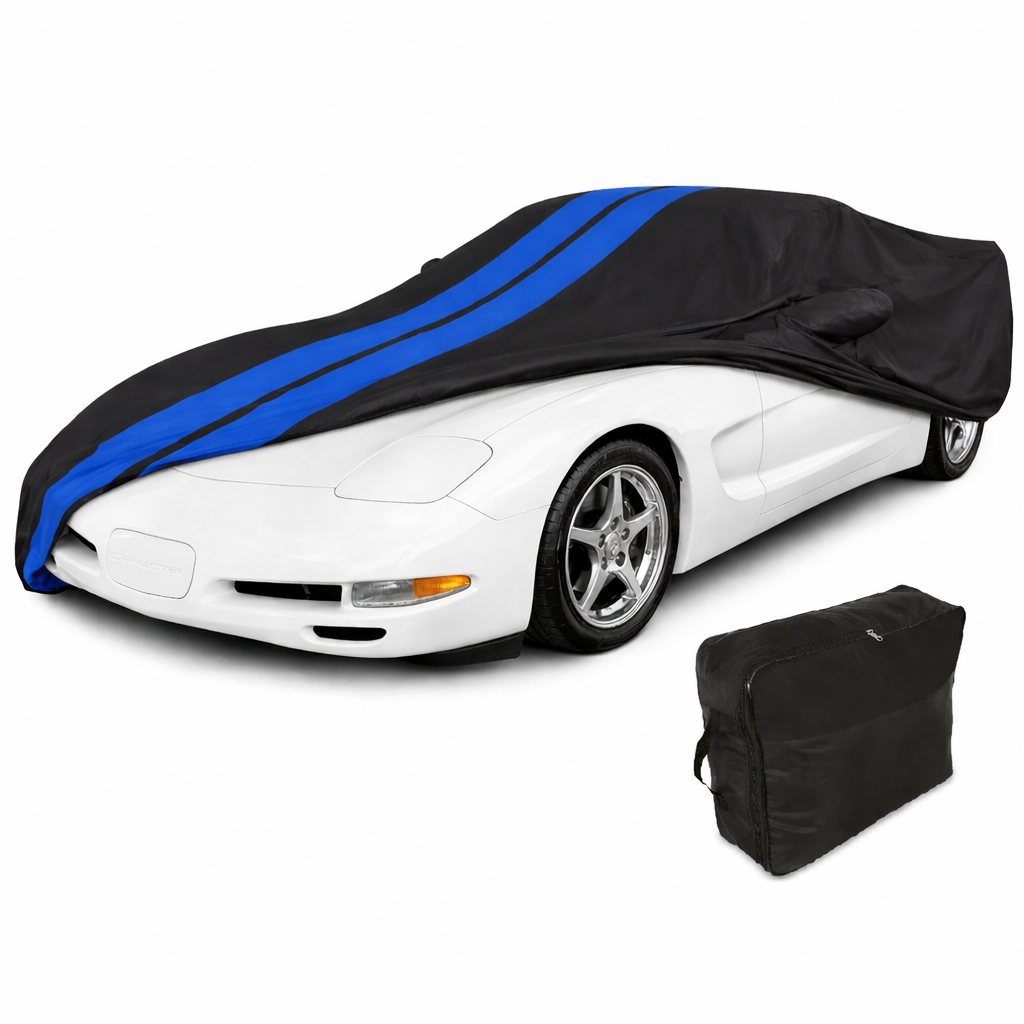 Corvette Ultraguard Plus Car Cover - Indoor/Outdoor Protection - Black W/ Blue Stripes - 1997-2004 C5, Z06