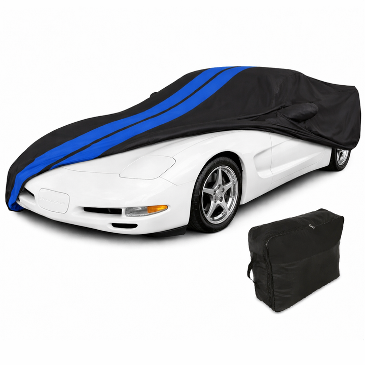 Corvette Ultraguard Plus Car Cover - Indoor/Outdoor Protection - Black W/ Blue Stripes - 1997-2004 C5, Z06
