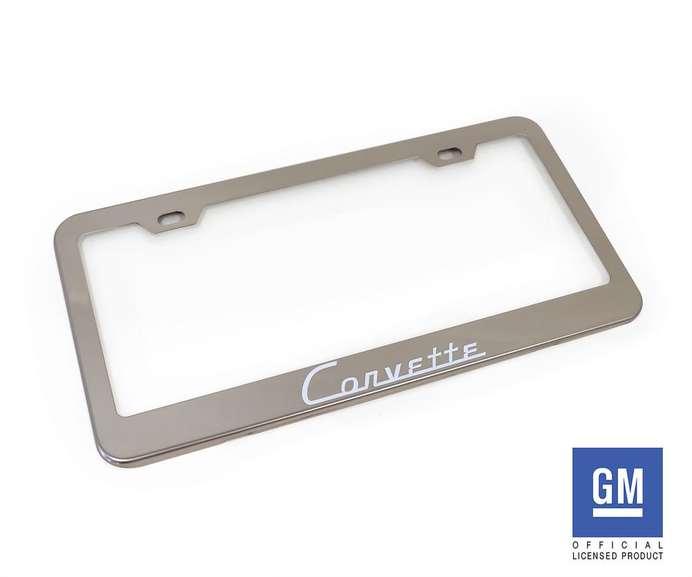 C1 1953-1962 Chevrolet Corvette License Plate Frame - Polished Stainless Steel W/White Corvette Script