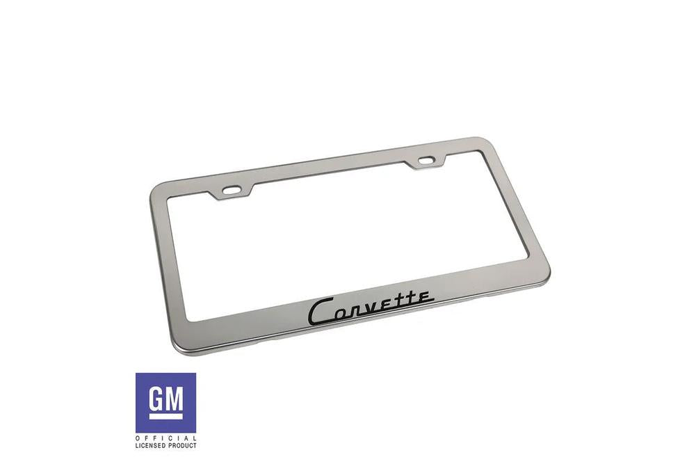 C1 1953-1962 Chevrolet Corvette License Plate Frame - Polished Stainless Steel w/Black Corvette Script