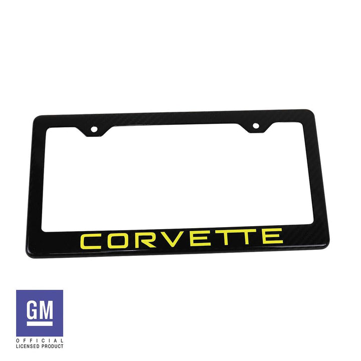 1984-1996 Corvette C4 License Plate Frame - Carbon Fiber W/Yellow Corvette Script - Yellow Script