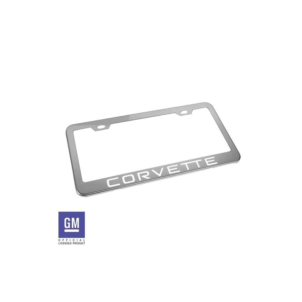 1984-1996 Corvette C4 License Plate Frame - Polished Stainless Steel W/White Corvette Script - White Script