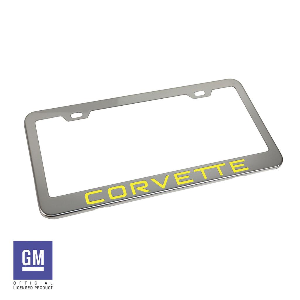 1984-1996 Corvette C4 License Plate Frame - Polished Stainless Steel W/Yellow Corvette Script - Yellow Script