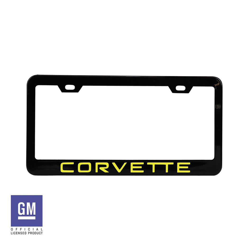1984-1996 Corvette C4 License Plate Frame - Matte Black W/Yellow Corvette Script - Yellow Script