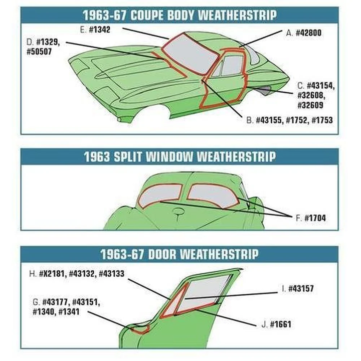 C2 1963-1967 Corvette Weatherstrip Kit - Body Coupe 9Pc - USA