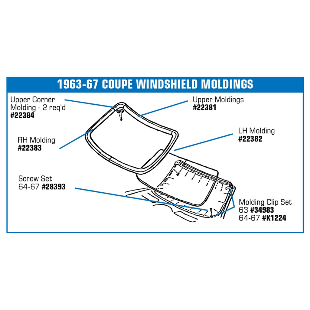 C2 1964-1967 Corvette Windshield Molding Clip Screw Set - Coupe