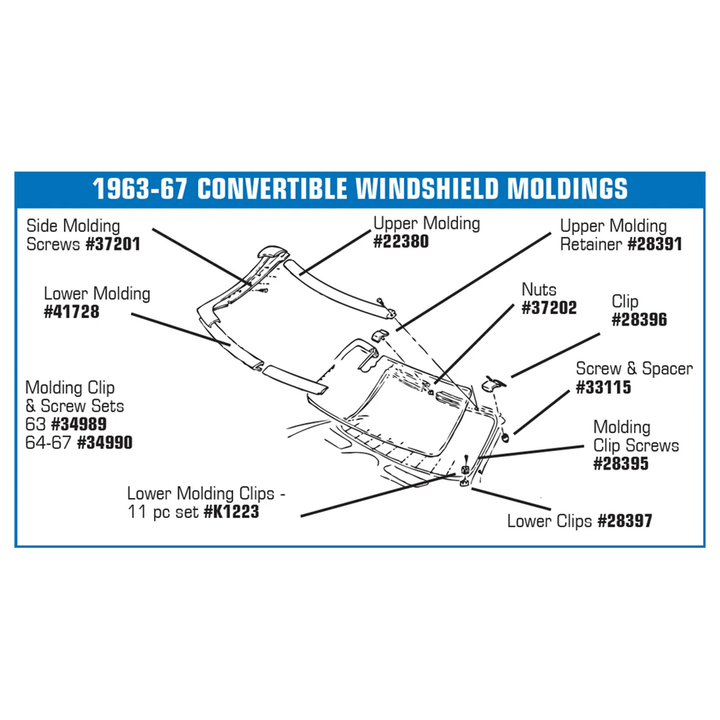 C2 1964-1967 Corvette Windshield Lower Clip Screw Set - Convertible