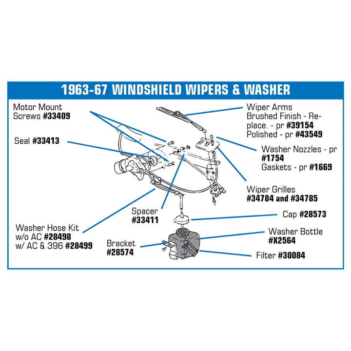 C2 1963-1967 Corvette Washer Hose Set - W/Grommet W/Air Conditioning Or 396