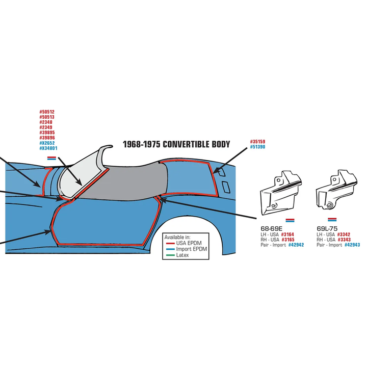 1969-1975 Corvette C3 Weatherstrip - Door Mains Convertible Latex