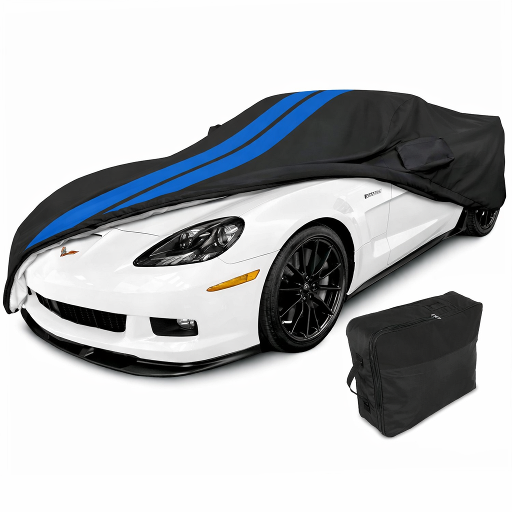 Corvette Ultraguard Plus Car Cover - Indoor/Outdoor Protection - Black W/ Blue Stripes : 2005-2013 C6, Z06, ZR1, Grand Sport