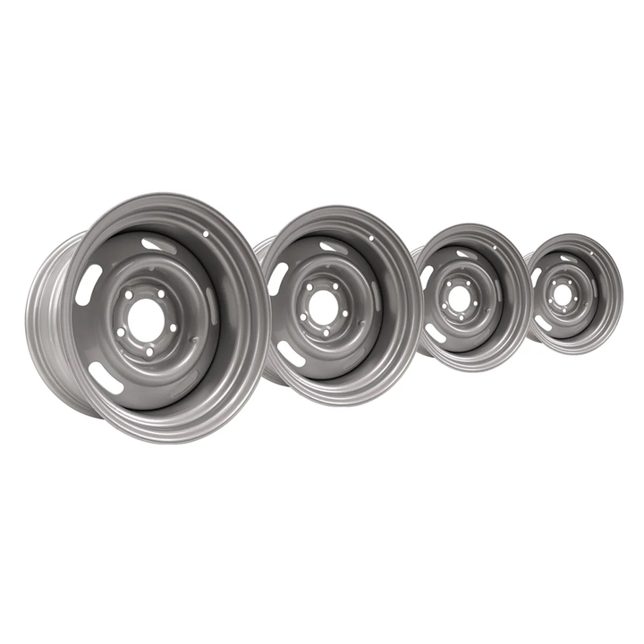 1969-1982 Corvette C3 15"x8" Rally Wheel Set W/Reproduction Hubcaps & Stainless Steel Trim Rings