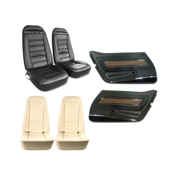 1970-1977 Corvette C3 Interior Package - Full Leather Covers, Foam, Deluxe Door Panels - Black
