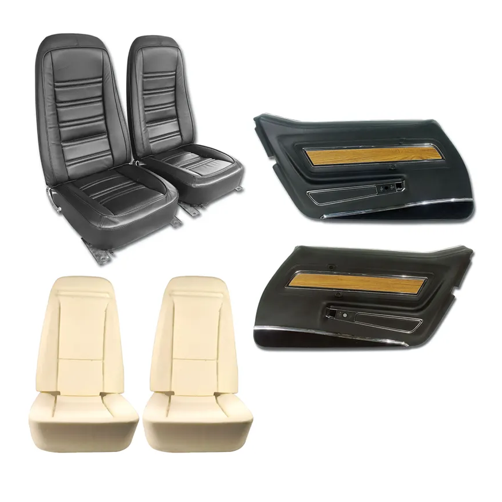 1976 Corvette C3 Interior Package - OE Leather Covers, Foam, Deluxe Door Panels - Black W/Walnut