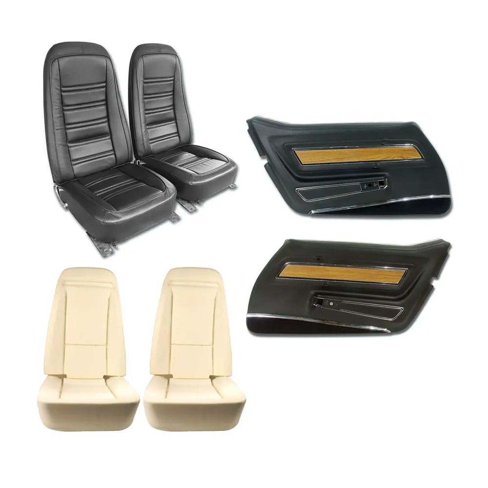 1976 Corvette C3 Interior Package - Full Leather Covers, Foam, Deluxe Door Panels - Black W/Teak