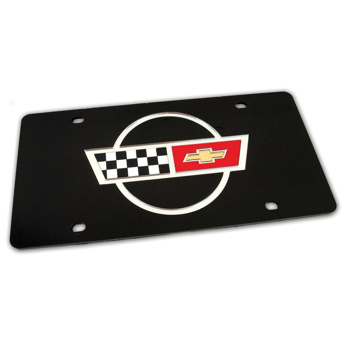 1984-1996 Corvette C4 Front License Plate, Black Background W/Mirrored C4 Logo