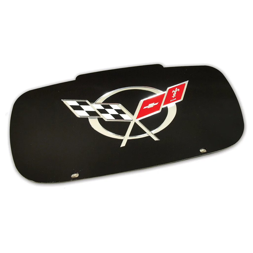 Corvette Front License Plate Filler - Black W/ Mirrored Flag Logo : 1997-2004 C5 & Z06