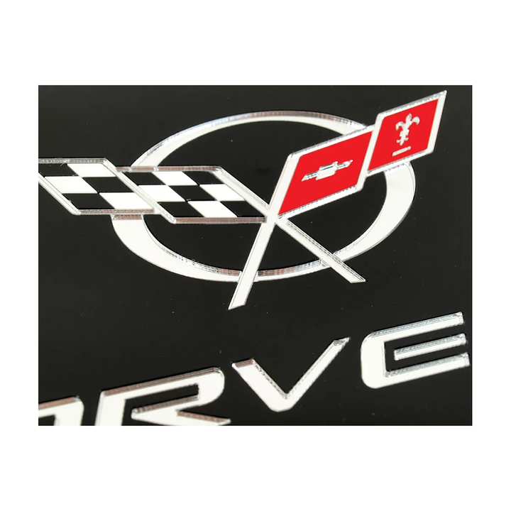 Corvette Front License Plate Filler - Black W/ Mirrored Flag Logo & Letters : 1997-2004 C5 & Z06