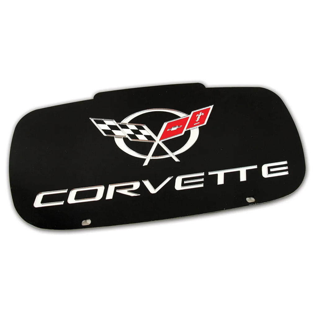 Corvette Front License Plate Filler - Black W/ Mirrored Flag Logo & Letters : 1997-2004 C5 & Z06