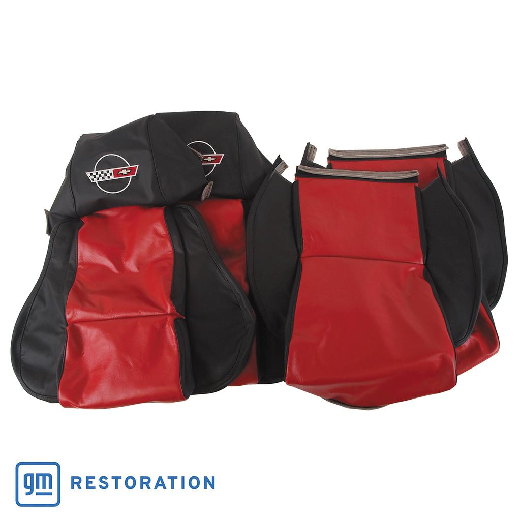 1986-1988 Corvette C4 Embroidered Custom 100% Leather Standard Seat Covers - Black & Red