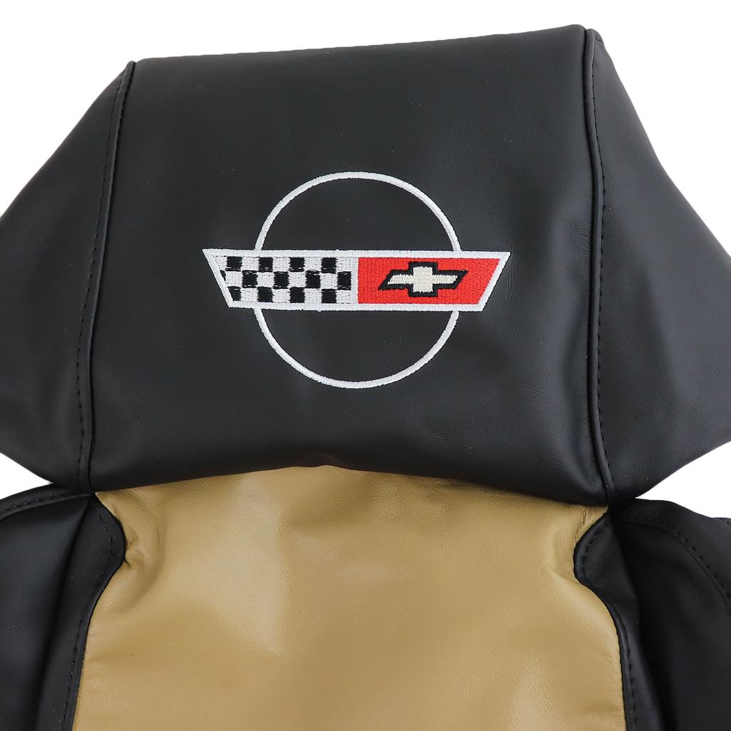 1984-1987 Corvette C4 Embroidered Custom 100% Leather Standard Seat Covers - Black & Saddle