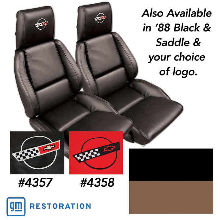 1988 Corvette C4 Embroidered Custom 100% Leather Standard Seat Covers - Black & Saddle