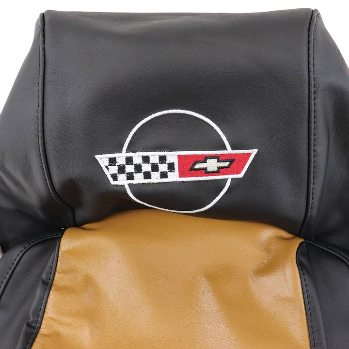 1988 Corvette C4 Embroidered Custom 100% Leather Standard Seat Covers - Black & Saddle