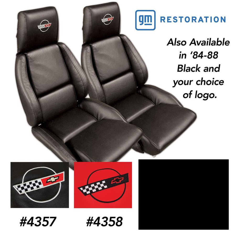 1984-1988 Corvette C4 OE Style Embroidered Standard Leather Seat Covers W/Non-Perf Inserts - Black