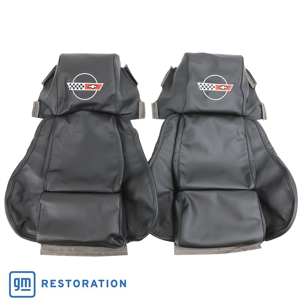 1984-1988 Corvette C4 OE Style Embroidered Standard Leather Seat Covers W/Non-Perf Inserts - Black