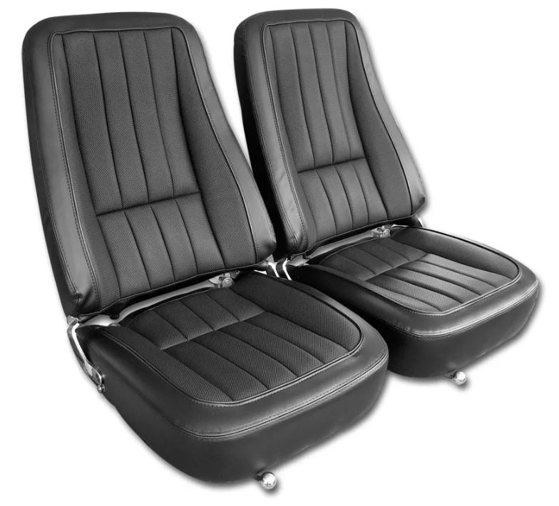 C3 1968 Corvette Mounted Seats - Driver Series - Black First Design With Headrest Bracket