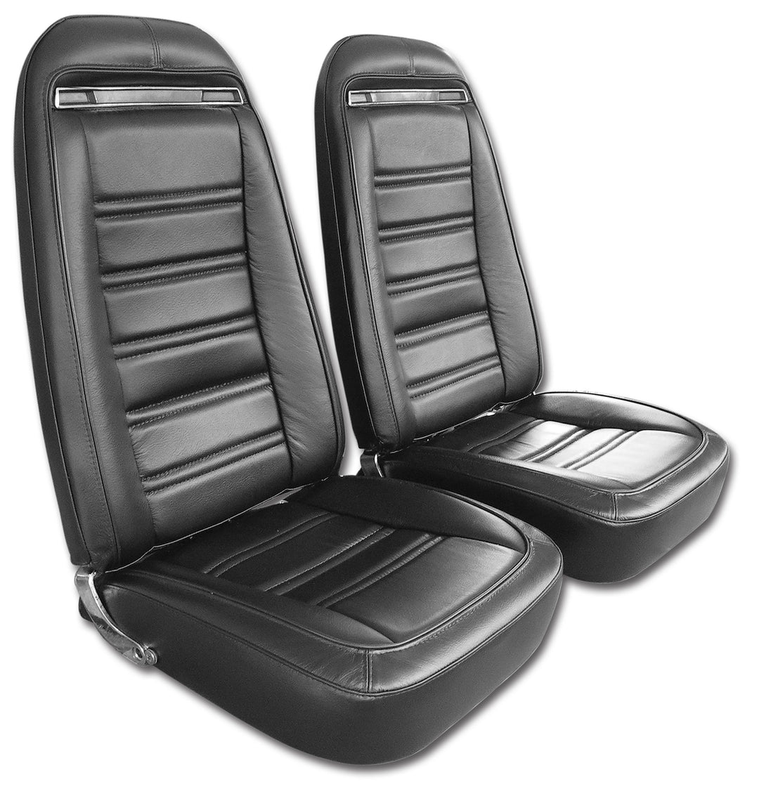 C3 1970-1975 Corvette Mounted Seats - Driver Series Black Leather Vinyl With Shoulder Harness