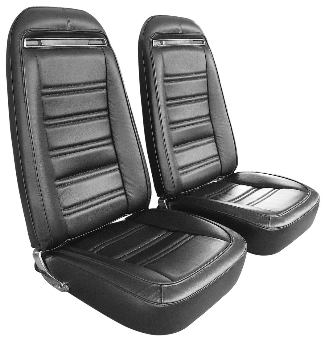 C3 1970-1975 Corvette Mounted Seats - Driver Series Black 100% Leather With Shoulder Harness