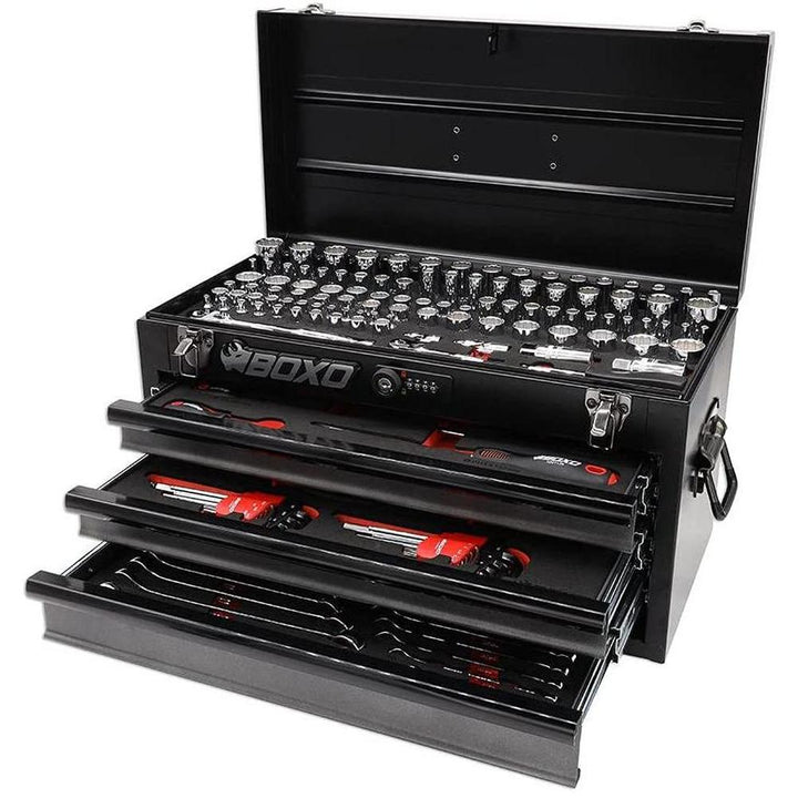 BOXO USA 185-Piece Metric and SAE Tool Set with 3-Drawer Hand Carry Box - Black