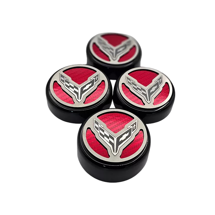 Corvette Engine Cap Cover Set - Crossed Flag Logo - Carbon Fiber Colored Inlay - C8 2020-2025