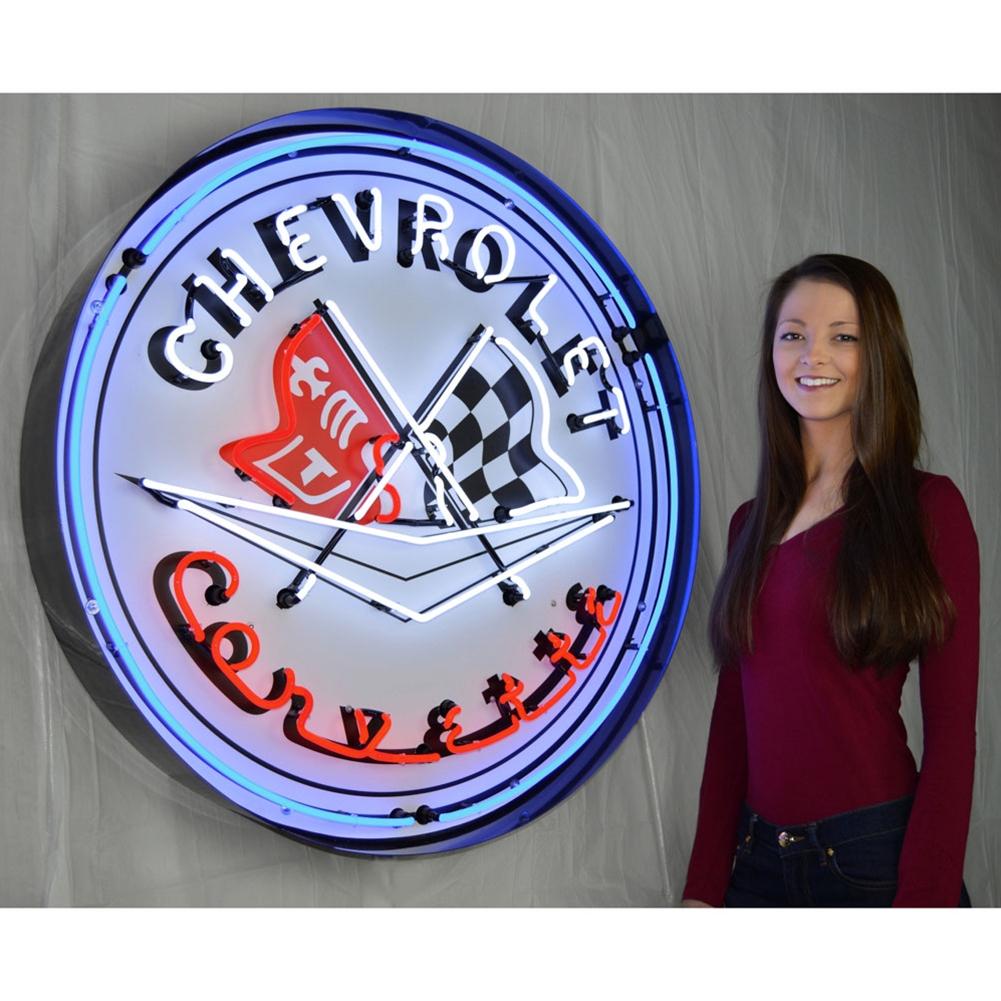 Corvette Flags Neon Sign in a Metal Can : Large 36 Inch Across