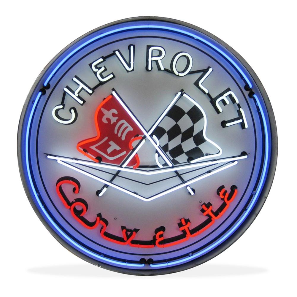 Corvette Flags Neon Sign in a Metal Can : Large 36 Inch Across